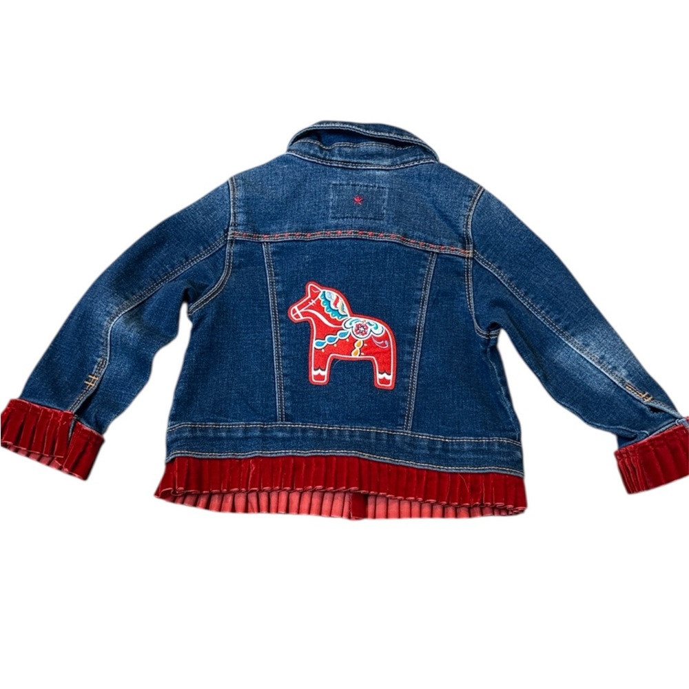 Urban Charlee Girls Denim Jacket w/Red Velour Ruffle Hem‎ & Horse Embroidery